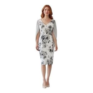 $258 Joseph Ribkoff White Grey Floral Cape Shoulder Dress Women’s Size 10